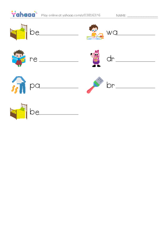 RAZ Vocabulary E: Time For Bed PDF worksheet writing row