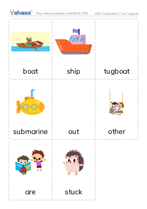 RAZ Vocabulary E: Tiny Tugboat PDF flaschards with images