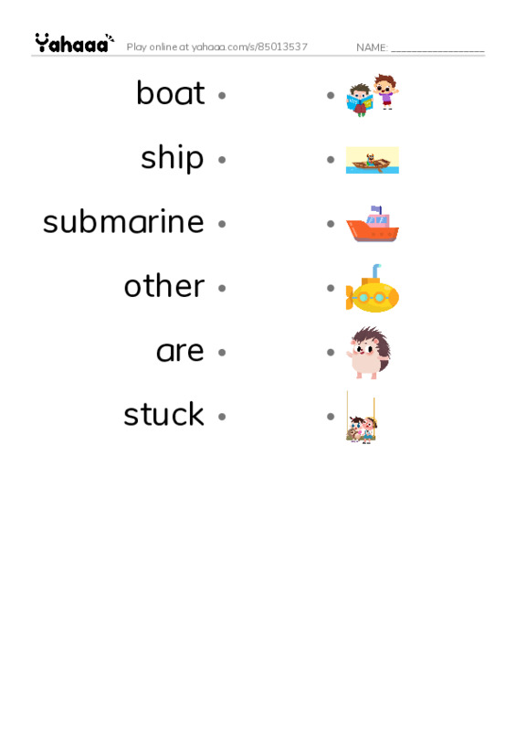 RAZ Vocabulary E: Tiny Tugboat PDF link match words worksheet