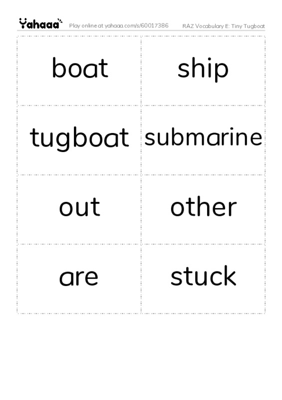 RAZ Vocabulary E: Tiny Tugboat PDF two columns flashcards