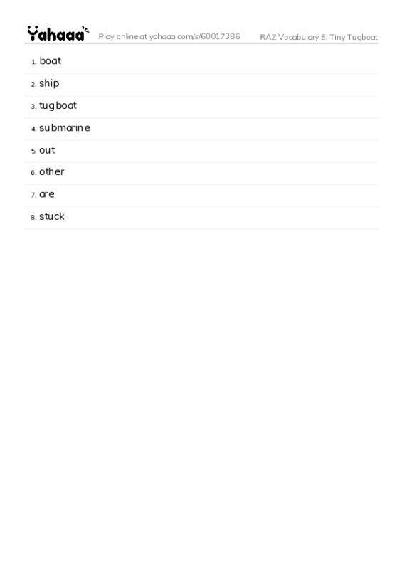 RAZ Vocabulary E: Tiny Tugboat PDF words glossary