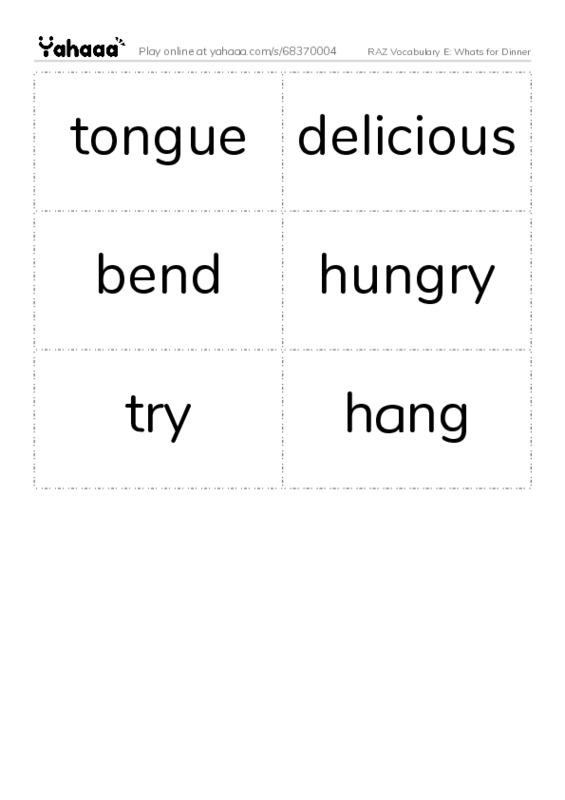 RAZ Vocabulary E: Whats for Dinner PDF two columns flashcards