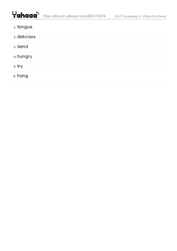 RAZ Vocabulary E: Whats for Dinner PDF words glossary