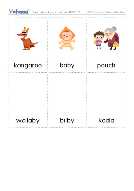 RAZ Vocabulary E: Whats In That Pouch PDF flaschards with images