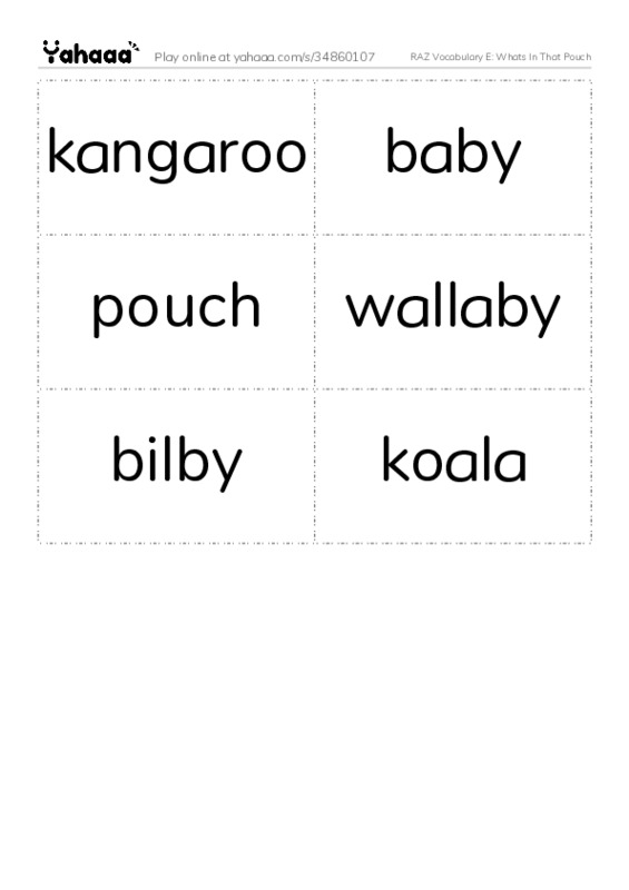 RAZ Vocabulary E: Whats In That Pouch PDF two columns flashcards
