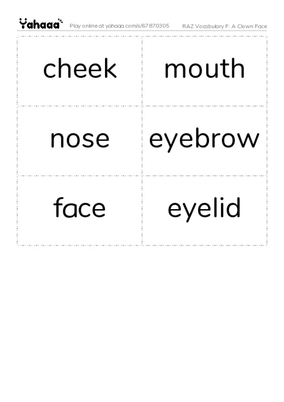 RAZ Vocabulary F: A Clown Face PDF two columns flashcards
