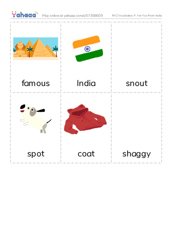 RAZ Vocabulary F: Are You From India PDF flaschards with images