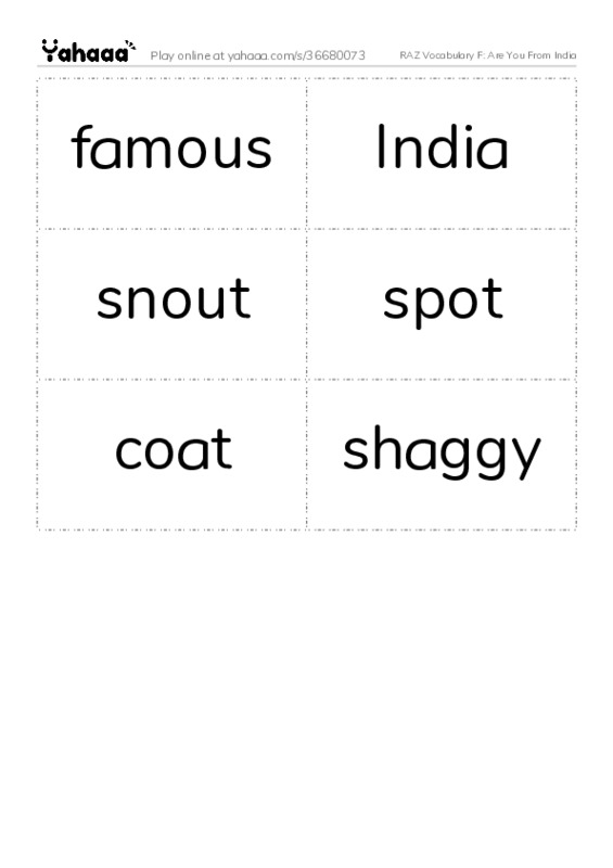 RAZ Vocabulary F: Are You From India PDF two columns flashcards