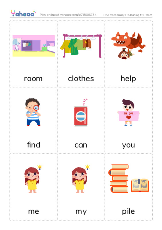 RAZ Vocabulary F: Cleaning My Room PDF flaschards with images