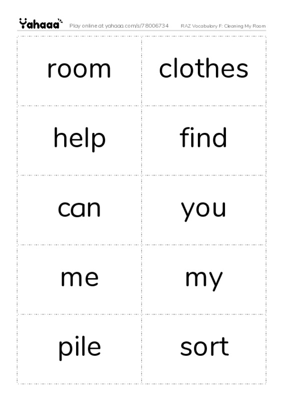 RAZ Vocabulary F: Cleaning My Room PDF two columns flashcards
