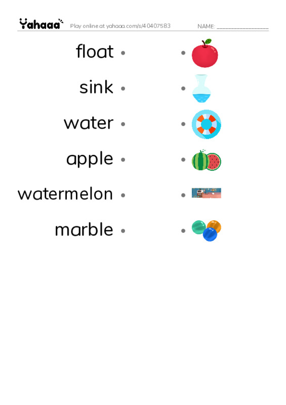 RAZ Vocabulary F: Does It Sink or Float PDF link match words worksheet