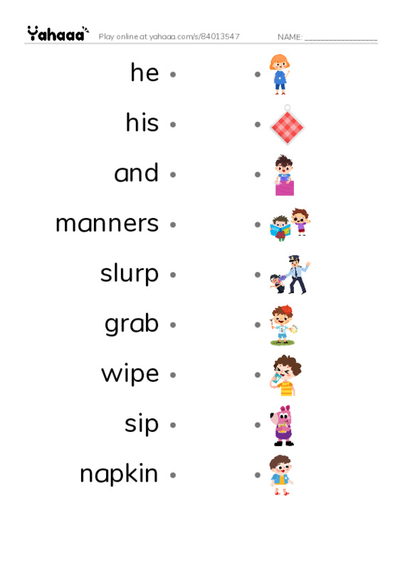 RAZ Vocabulary F: Eat Like a Pig PDF link match words worksheet