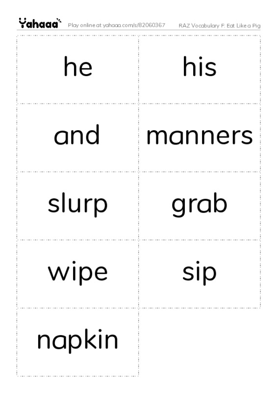 RAZ Vocabulary F: Eat Like a Pig PDF two columns flashcards
