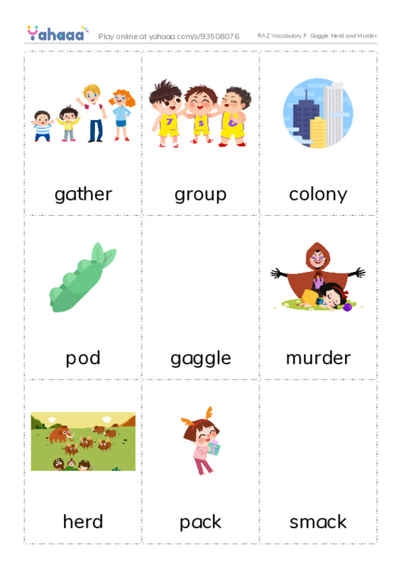 RAZ Vocabulary F: Gaggle Herd and Murder PDF flaschards with images