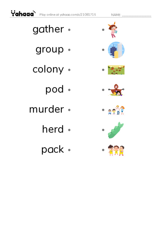 RAZ Vocabulary F: Gaggle Herd and Murder PDF link match words worksheet