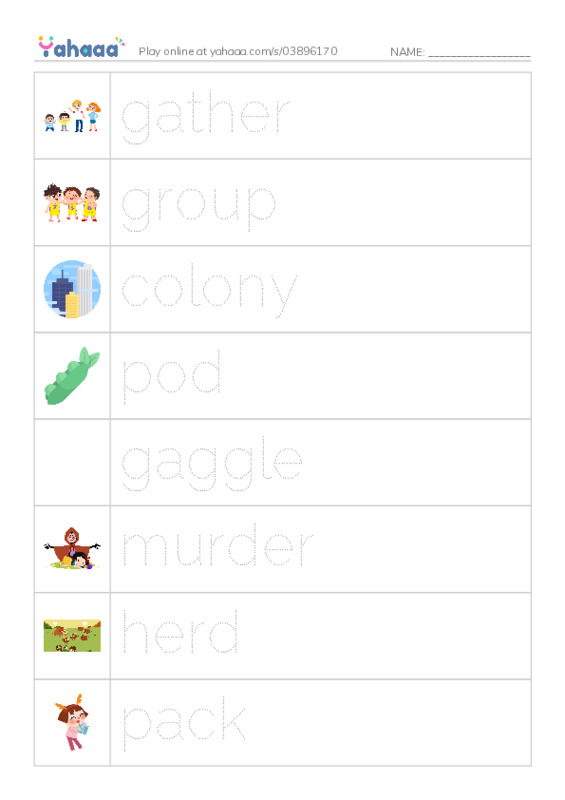RAZ Vocabulary F: Gaggle Herd and Murder PDF one column image words