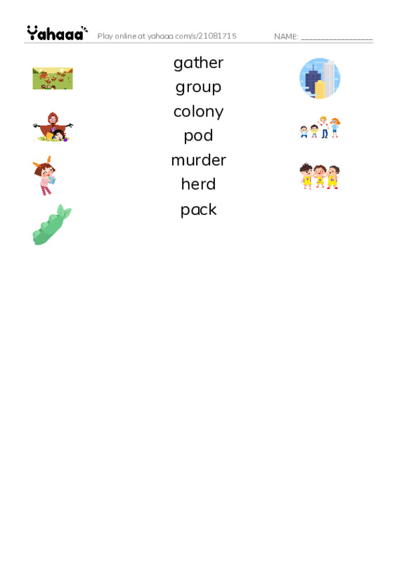 RAZ Vocabulary F: Gaggle Herd and Murder PDF three columns match words
