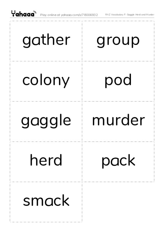 RAZ Vocabulary F: Gaggle Herd and Murder PDF two columns flashcards