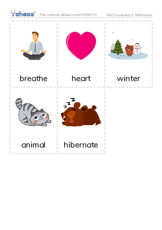 RAZ Vocabulary F: Hibernation PDF flaschards with images
