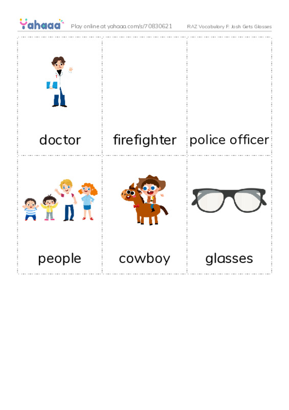 RAZ Vocabulary F: Josh Gets Glasses PDF flaschards with images