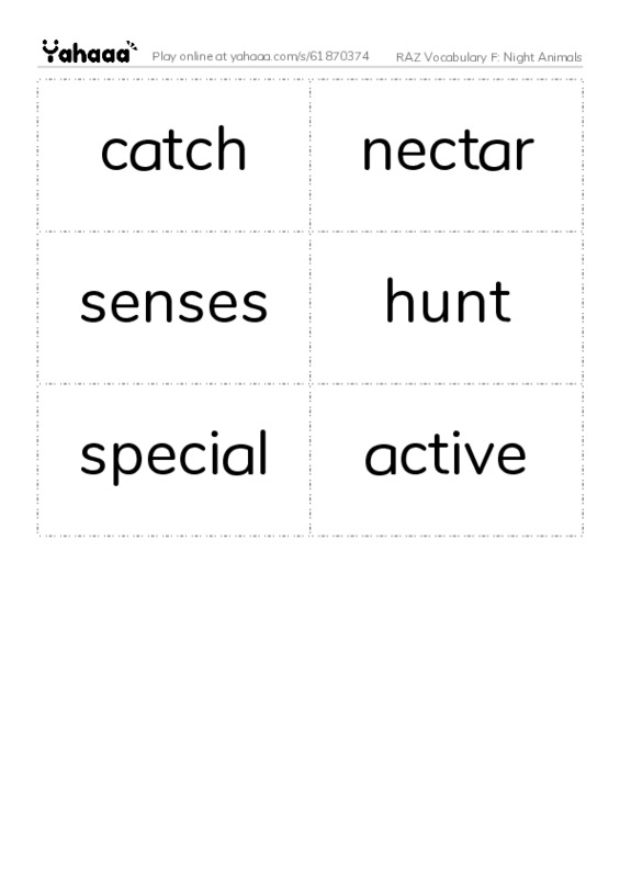 RAZ Vocabulary F: Night Animals PDF two columns flashcards