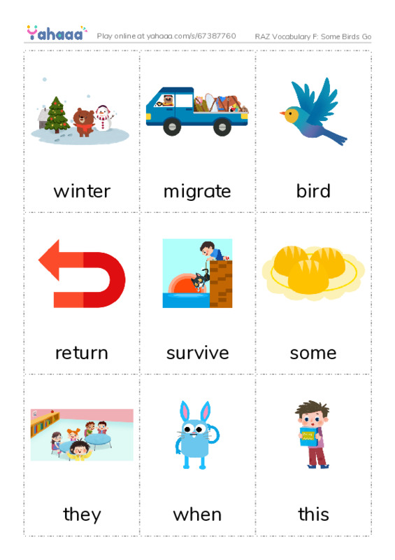 RAZ Vocabulary F: Some Birds Go PDF flaschards with images