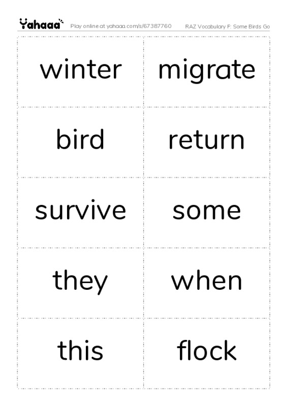 RAZ Vocabulary F: Some Birds Go PDF two columns flashcards