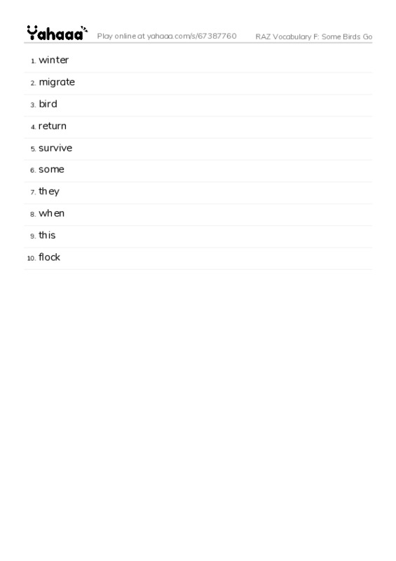 RAZ Vocabulary F: Some Birds Go PDF words glossary
