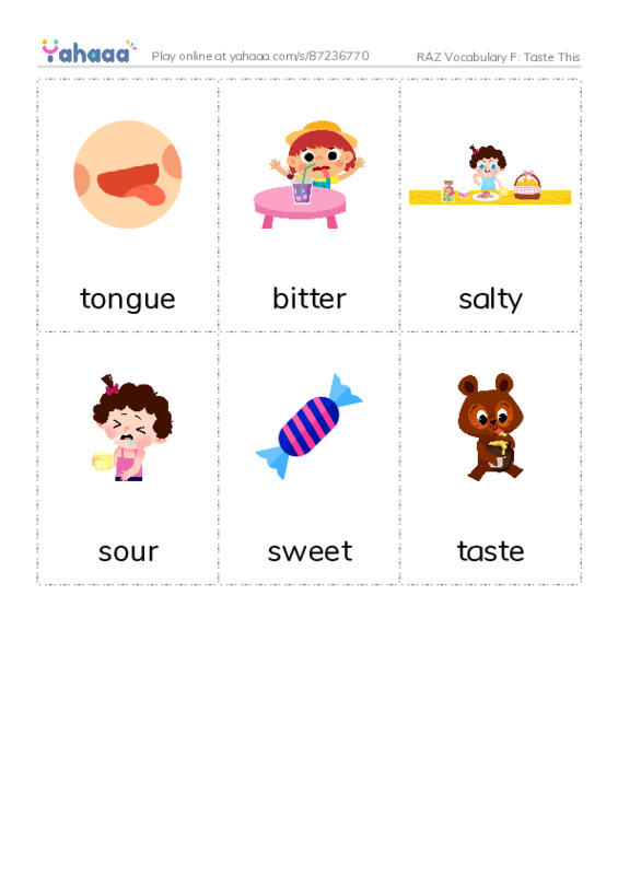RAZ Vocabulary F: Taste This PDF flaschards with images
