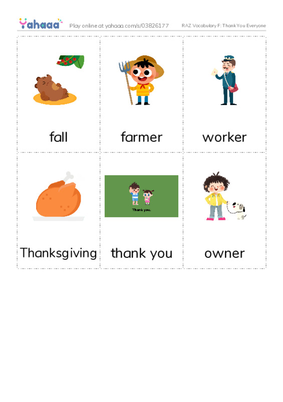 RAZ Vocabulary F: Thank You Everyone PDF flaschards with images