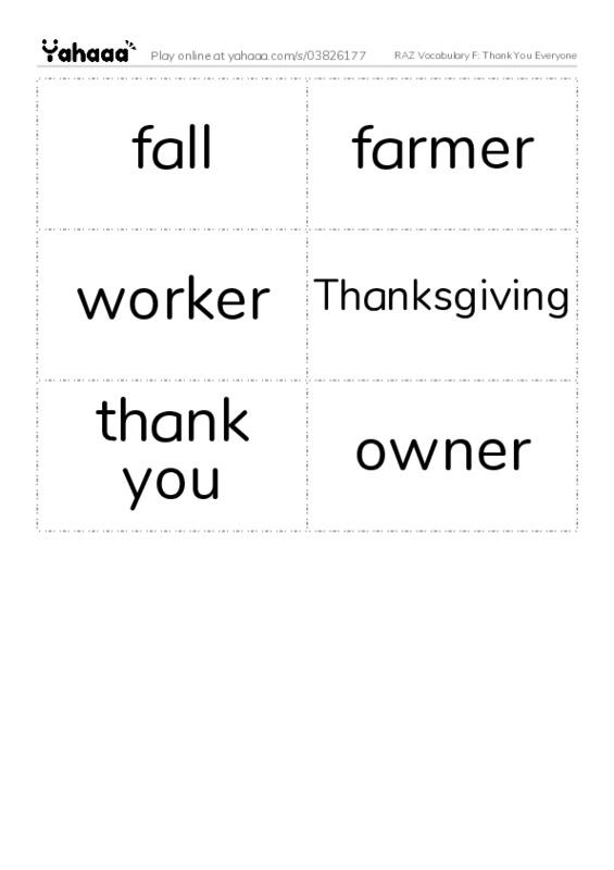 RAZ Vocabulary F: Thank You Everyone PDF two columns flashcards