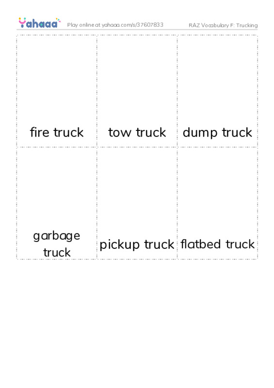 RAZ Vocabulary F: Trucking PDF flaschards with images