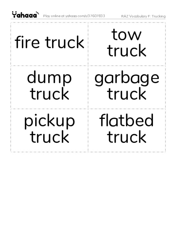 RAZ Vocabulary F: Trucking PDF two columns flashcards