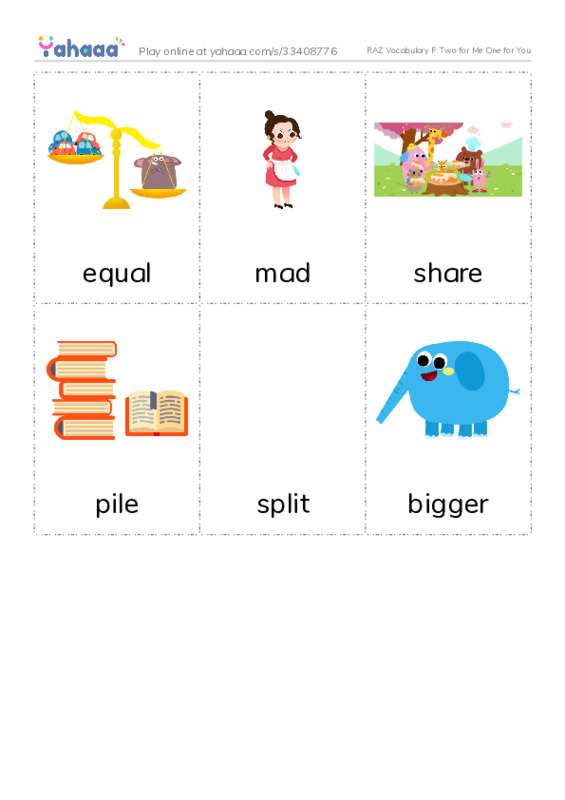 RAZ Vocabulary F: Two for Me One for You PDF flaschards with images