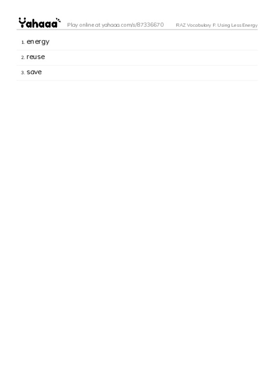 RAZ Vocabulary F: Using Less Energy PDF words glossary