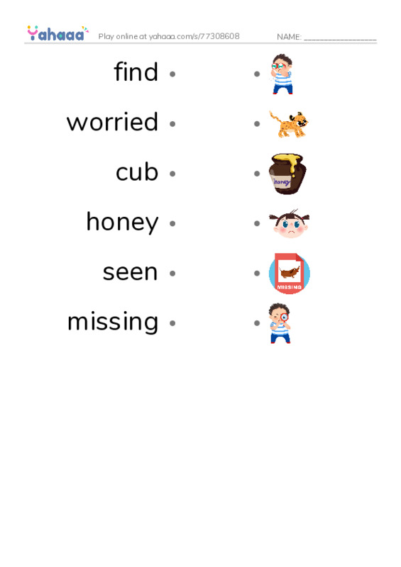RAZ Vocabulary F: Where Is Cub PDF link match words worksheet