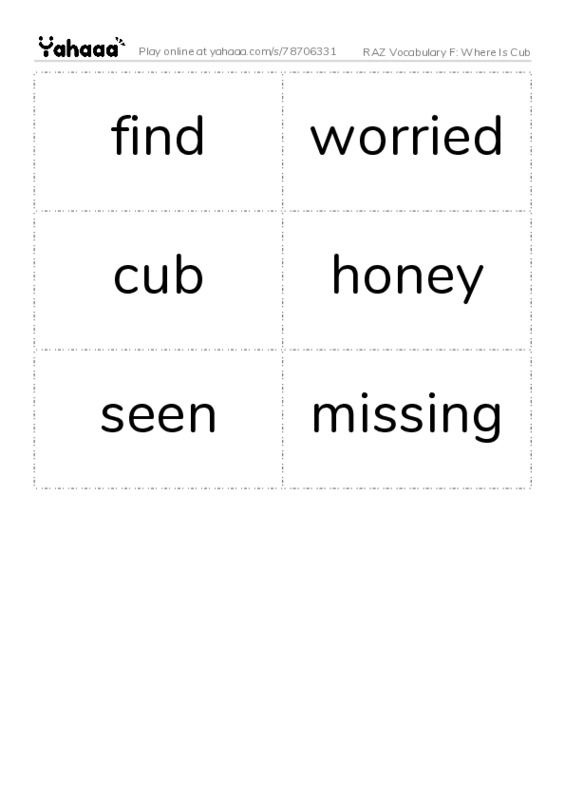 RAZ Vocabulary F: Where Is Cub PDF two columns flashcards