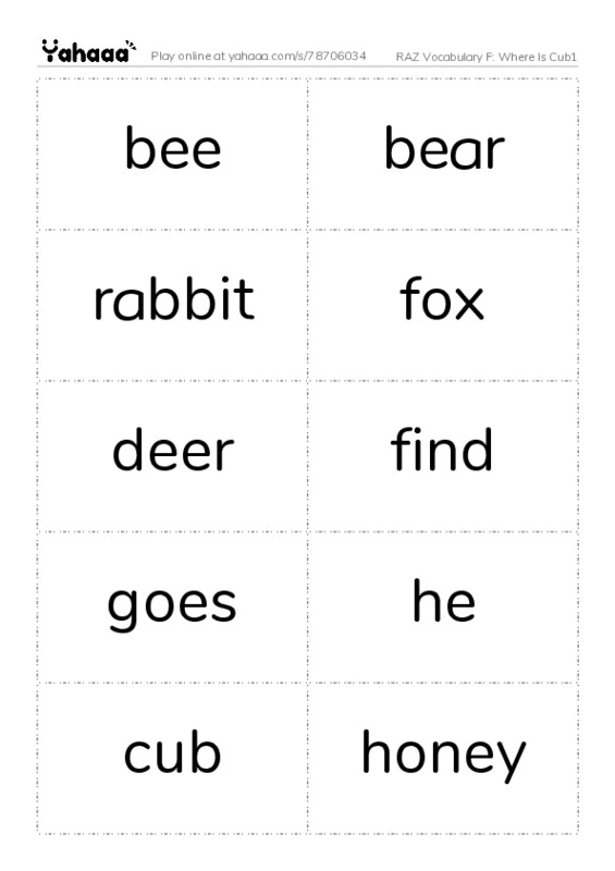 RAZ Vocabulary F: Where Is Cub1 PDF two columns flashcards