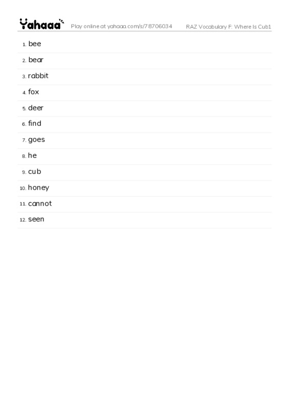 RAZ Vocabulary F: Where Is Cub1 PDF words glossary