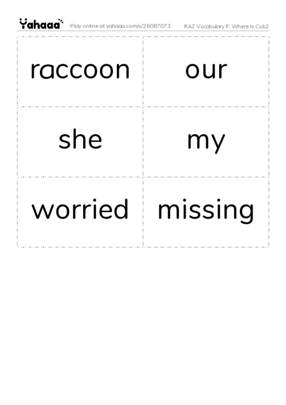 RAZ Vocabulary F: Where Is Cub2 PDF two columns flashcards