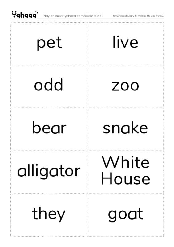 RAZ Vocabulary F: White House Pets1 PDF two columns flashcards