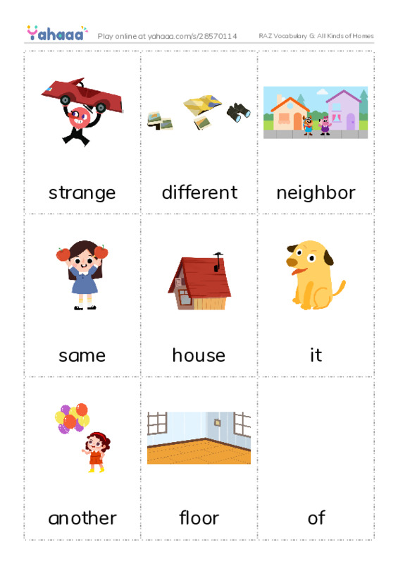 RAZ Vocabulary G: All Kinds of Homes PDF flaschards with images