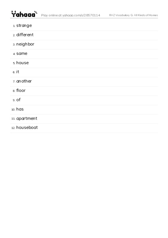 RAZ Vocabulary G: All Kinds of Homes PDF words glossary