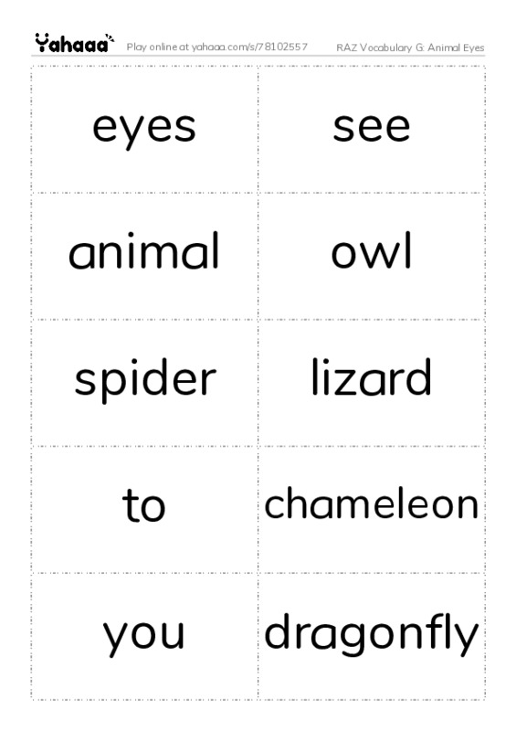 RAZ Vocabulary G: Animal Eyes PDF two columns flashcards