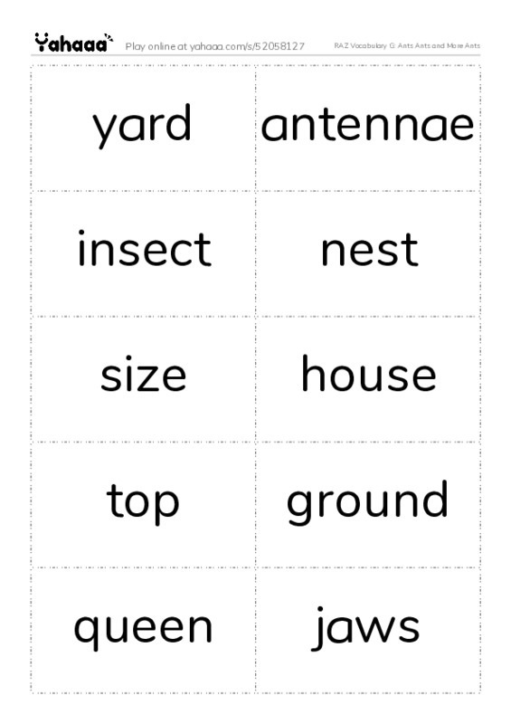 RAZ Vocabulary G: Ants Ants and More Ants PDF two columns flashcards