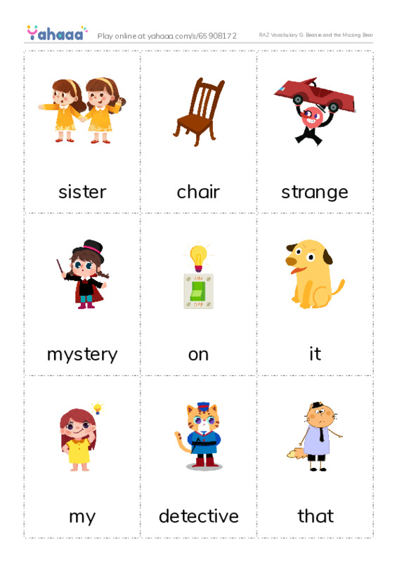 RAZ Vocabulary G: Beanie and the Missing Bear PDF flaschards with images