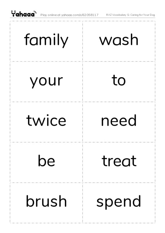 RAZ Vocabulary G: Caring for Your Dog PDF two columns flashcards