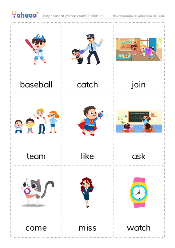 RAZ Vocabulary G: Carlos Joins the Team PDF flaschards with images