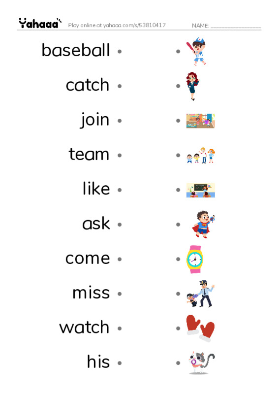 RAZ Vocabulary G: Carlos Joins the Team PDF link match words worksheet