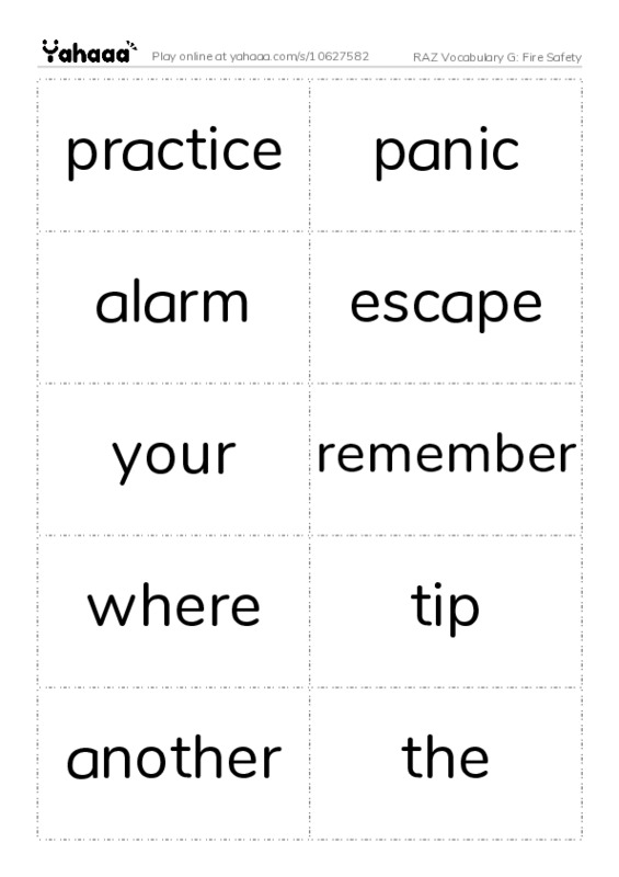 RAZ Vocabulary G: Fire Safety PDF two columns flashcards